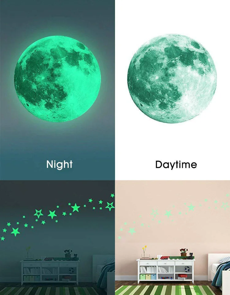 Leuchtende große Mond- und Stern-Wandaufkleber, Kinderzimmer-Hintergrunddekoration, Wohnzimmer-Heimdekoration, im Dunkeln leuchtendes Wandbild – Detail 2