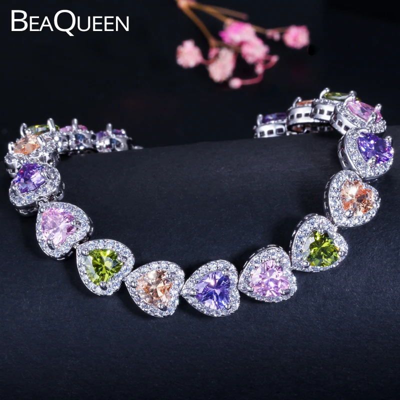 BeaQueen Charming Love Heart Cut Ladies Multicolored CZ Zirconia Tennis Bracelets Colorful Wedding Jewelry Accessories B045