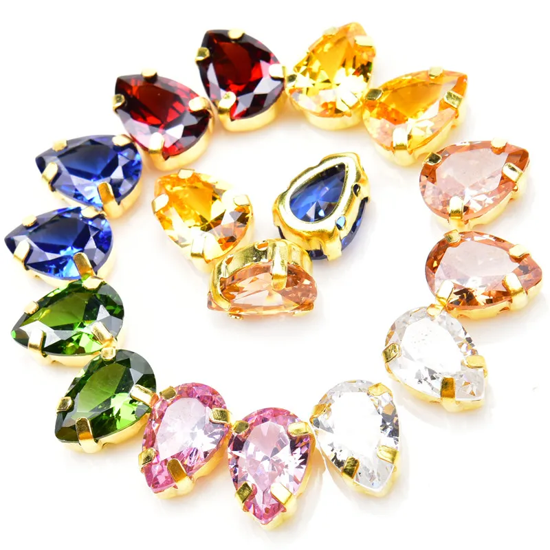 High Quality 5A Zircon Crystal Colorful 7X10Mm Classical Teardrop Diamond Gold Claw Sew On Stone Pointed Back Rhinestones DIY