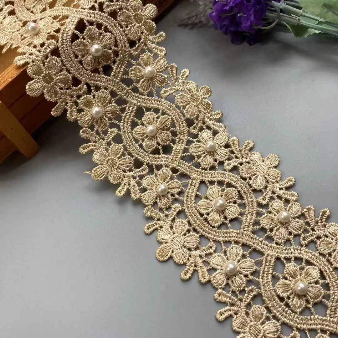 1 Yard Gold Lace Trim Ribbon Polyester Pearl Flower Embroidered Fabric Handmade DIY Wedding Sewing Supplies Craft Decoration