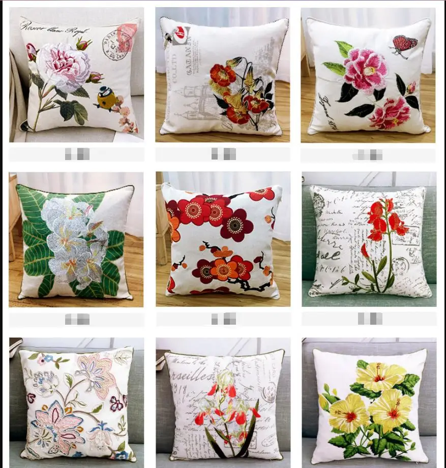 Home Decor Emboridered Cushion Cover Country flowers Canvas Embroidery Pillow Cover 45x45cm