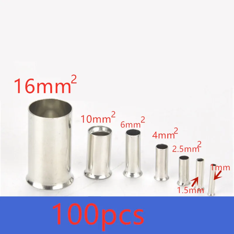 100PCS 18mm length non-insulated wire connector ferrule cable terminal bare copper silver-plated crimp terminal 1-16mm 18-6A.W.G