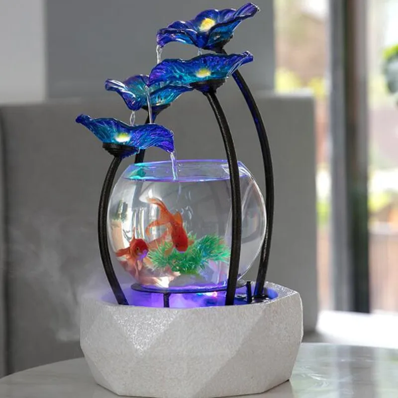 Glass Fish Tank for Living Room Creative Ceramic Water Fountain Humidifier Home TV Cabinet Desk Decoration Gift Fountain Pump