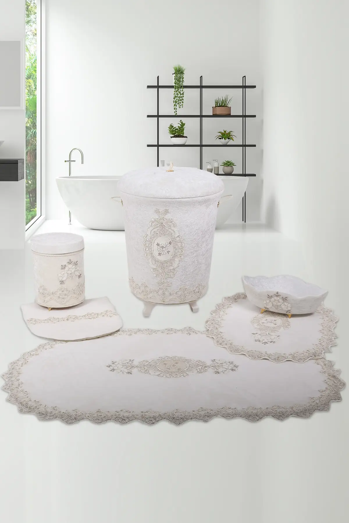 Cream 6 Piece Lacy Bathroom Dirty Laundry Basket Set Bath Mat Set