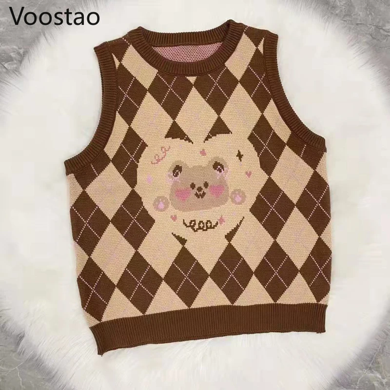 Japanese Sweet Lolita Style Cute Bear Knitted Pullovers Autumn Women Kawaii Cartoon Loose JK Sweater Vest Girly Chic Waistcoat