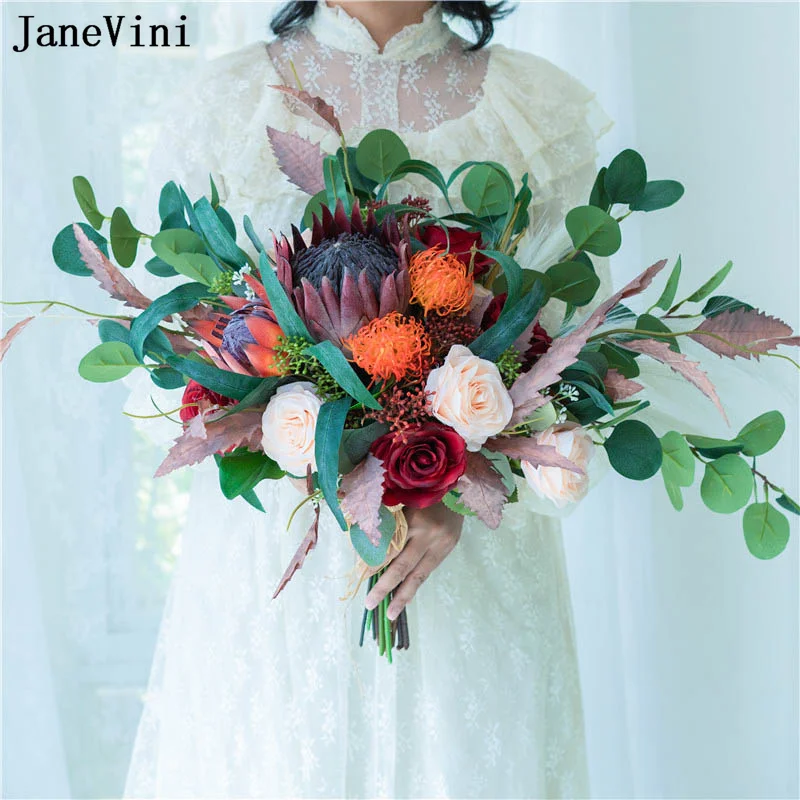 

JaneVini Retro Artificial Wedding Flowers Bridal Bouquets Fake Wedding Accessories Red Roses Protea Bride Bouquet Bouchet Sposa