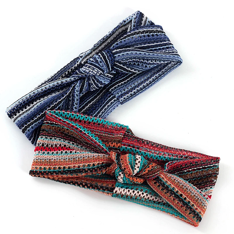 Geebro Ethnic Style Knotted Hollow Summer Stripe Design Women Boho Bow Headbands Vintage Bandana Printed  Stripe Hairband