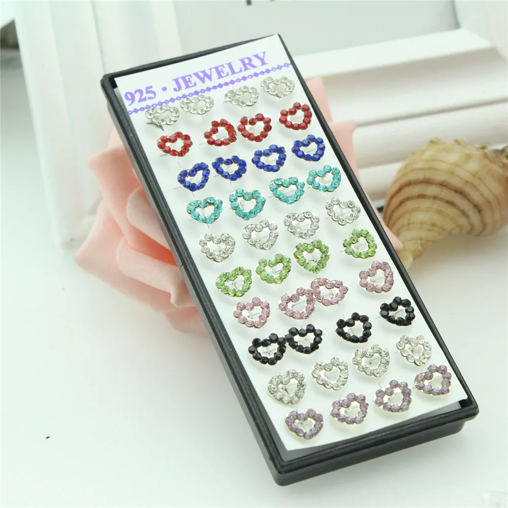 20 Pairs of a Box of New Silver Earrings Personality Charm Classic Love Inlaid Color Crystal Earrings Jewelry