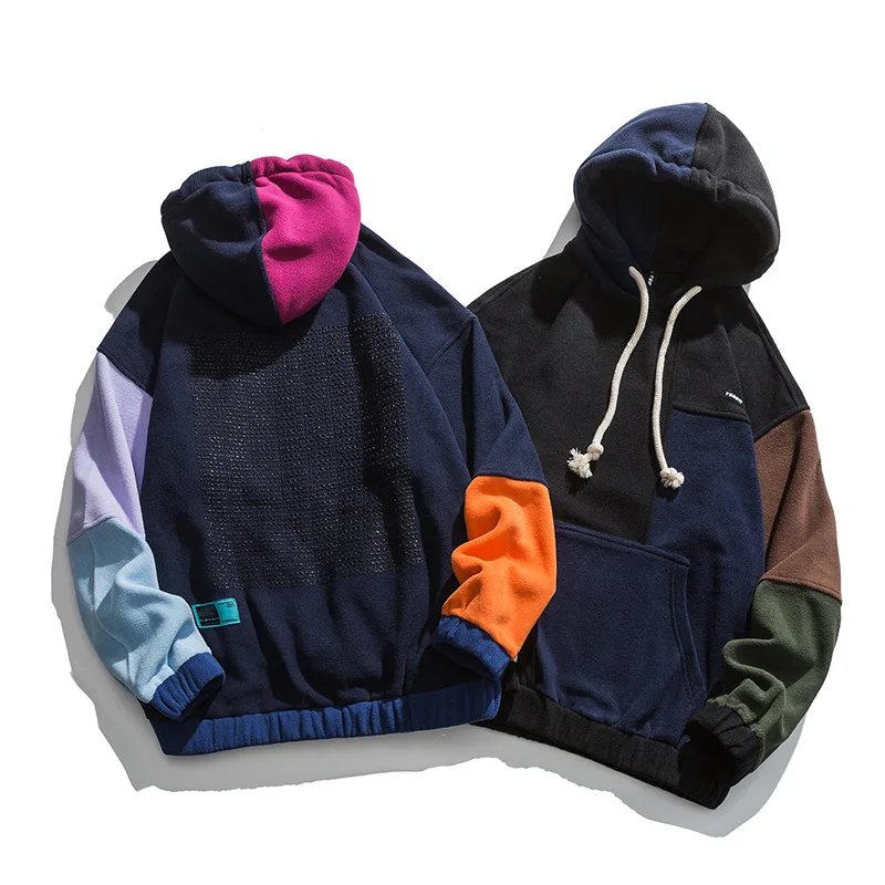 2023 Winter Fleece Hoodies Sweatshirt Men Hip Hop Color Block Patchwork Pullover Hoodie Streetwear Tops Oversize WE141