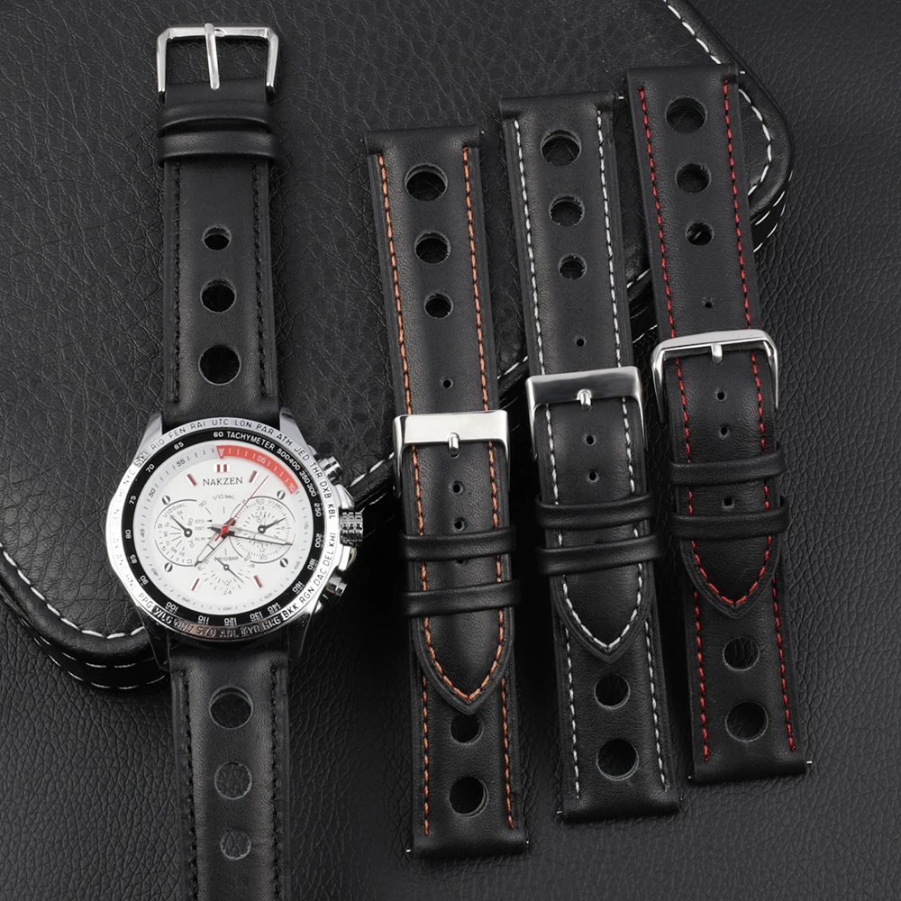 Leather Watch Strap 20mm 22mm  Men\'s Leather Strap Watch Genuine Leather Watch Band Breathable Belt Yellow Black Watch Belt