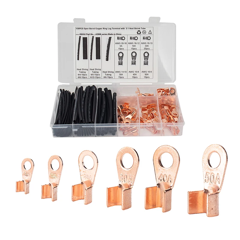 2020 new 135PCS Open Barrel Copper Wire Crimp Connectors Ring Lugs Terminal with Heat Shrink Tubing  Assortment Kit