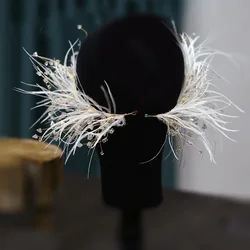 1 pair Feather Crystal Side Clip Shape Bridal Headdress Super Fairy earrings set Women's Wedding hair Accessories