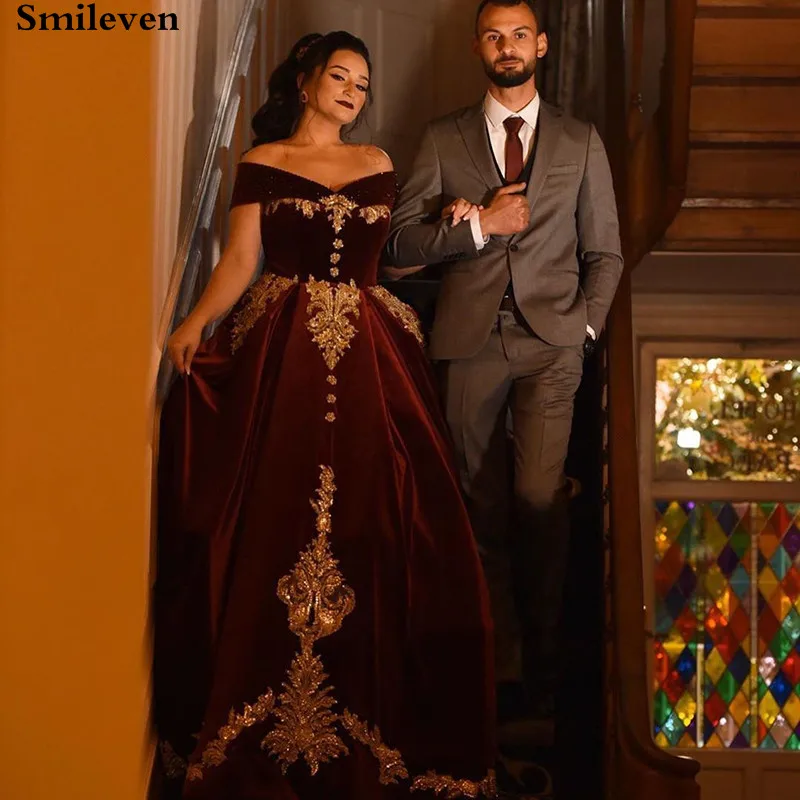 Smileven borgonha caftan karakou algerien formal vestidos de noite fora do ombro veludo rendas ouro peplum ocasião vestido de noite