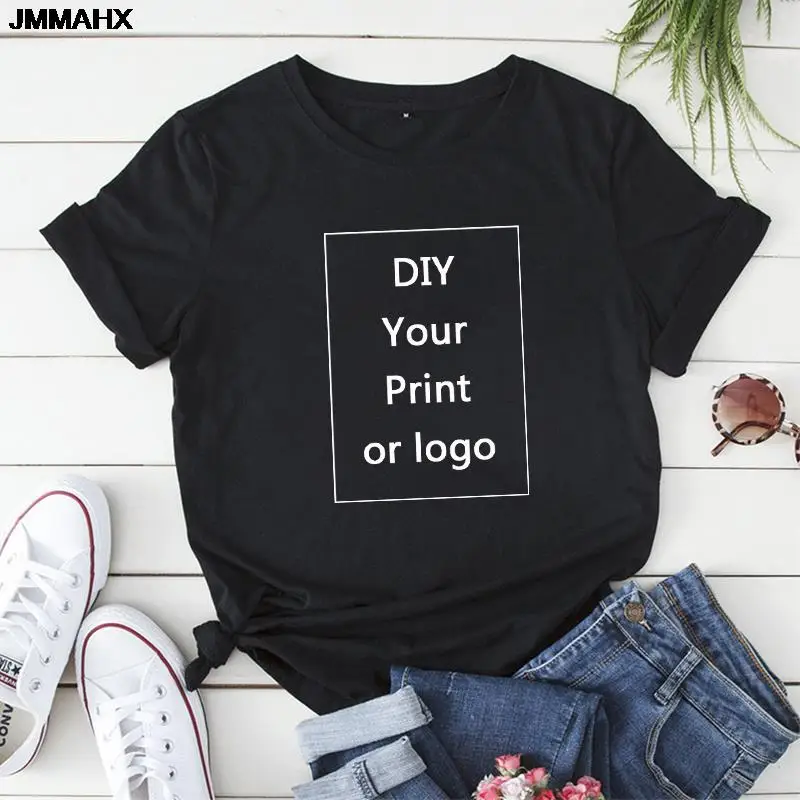 

Harajuku Women's DIY Your Like Photo Or Logo Black Unisex T-shirt Customized Print Womans Tshirt Fashion Custom Man Clothing Tee