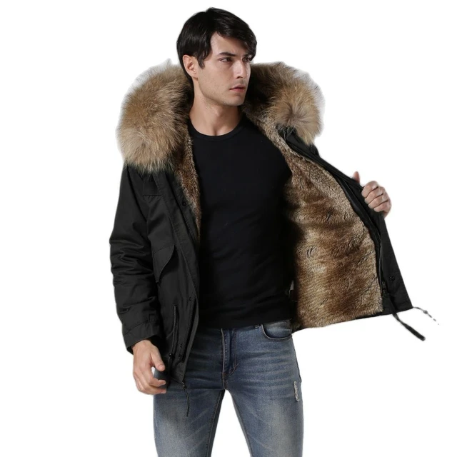 Army Green And Black Shell Parka With Faux Fur Lining Short Coat For Men Winter Jacket With Raccoon Fur Collar Parkas AliExpress