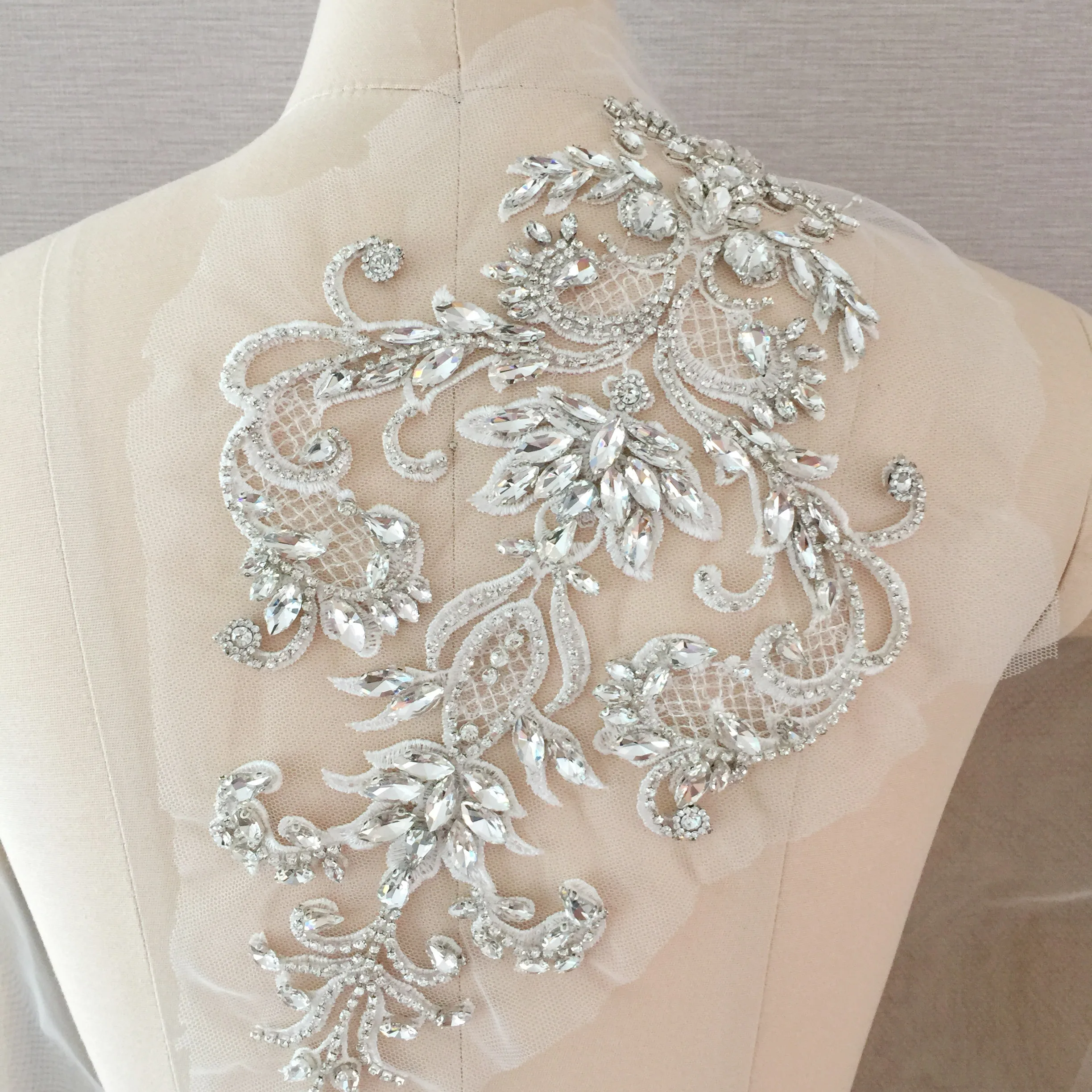 Rhinestone Applique,Clear Crystal Addition ,Beading Patch Sparkling Accents for Bridal Dresses Party Costumes