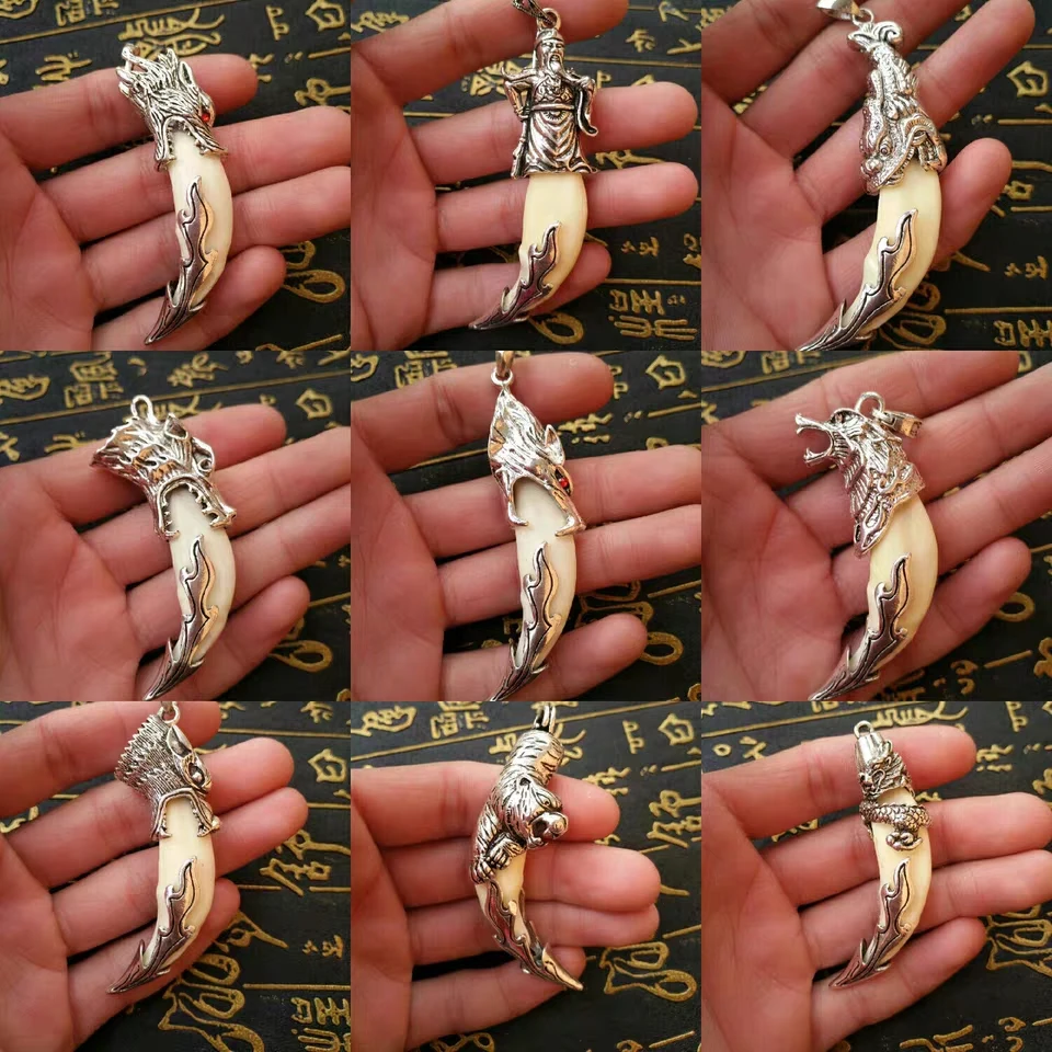 China Vintage Tibetan Silver Inlaid Natural Stone Amulet Men's Couple Pendant/Braided Rope Necklace Wolf Teeth Pendant Gift