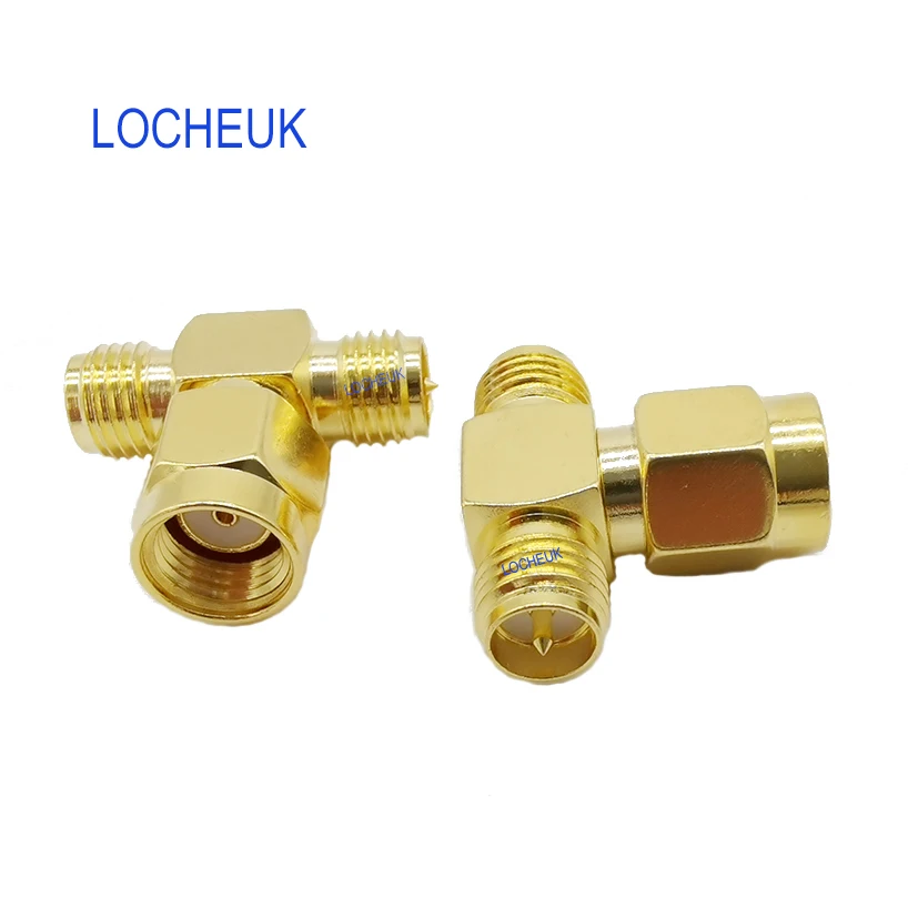 1Pcs RP-SMA T Shape RF Coaxial Adapter Brass Gold-plate RP Male Plug To Dual RP SMA Female Jack 3 Way Splitter Coaxial Connector