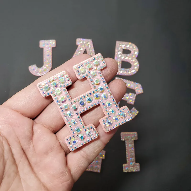 Pink A-Z Letter Rhinestone Alphabet Applique 3D Iron On Patch Clothing Badge Apparel Clothes Bag Shoe Garment Embroidery Patches