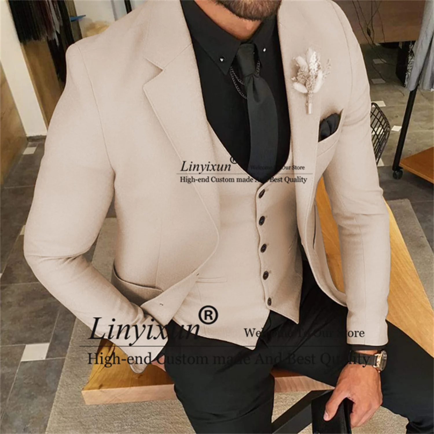 

Formal Slim Fit Mens Suits Beige Notched Lapel Wedding Groom Tuxedos 3 Pieces Set Business Male Wroking Blazer Costume Homme