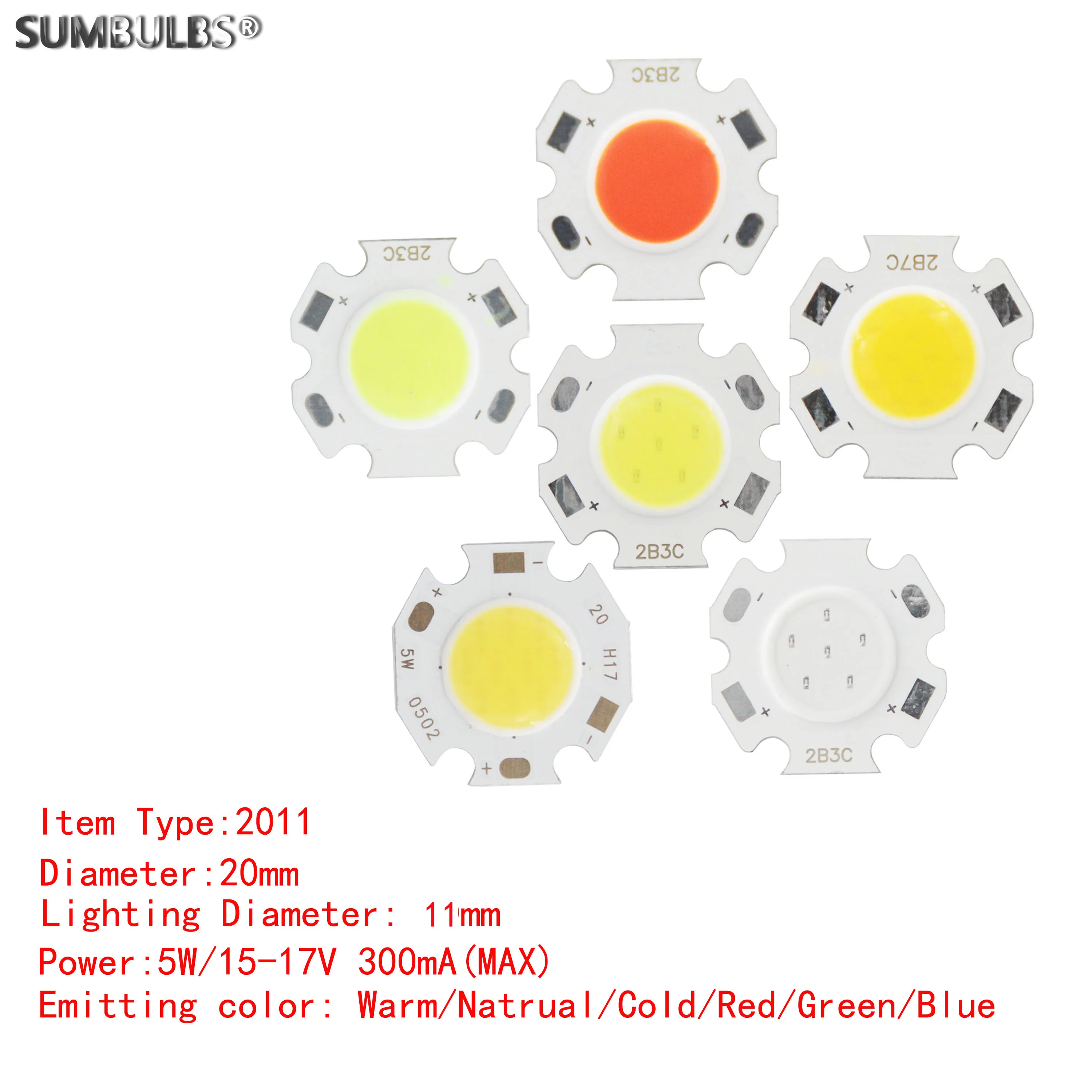 SUMBULBS 10pcs/Lot 20mm Diameter 20-0502 5W 15v DC Round LED COB Light Source For Spotlight Down Lamp Red Blue Green Warm White