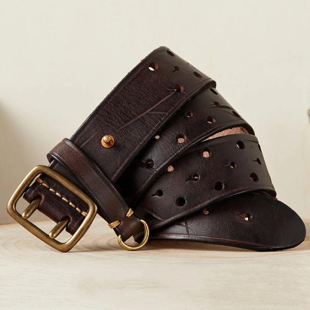 HIDUP Unique Design Brass Double Pin Buckle Retro Style Cowskin Leather Belt Personality Cowhide Belts Jeans Accessories NWJ1122