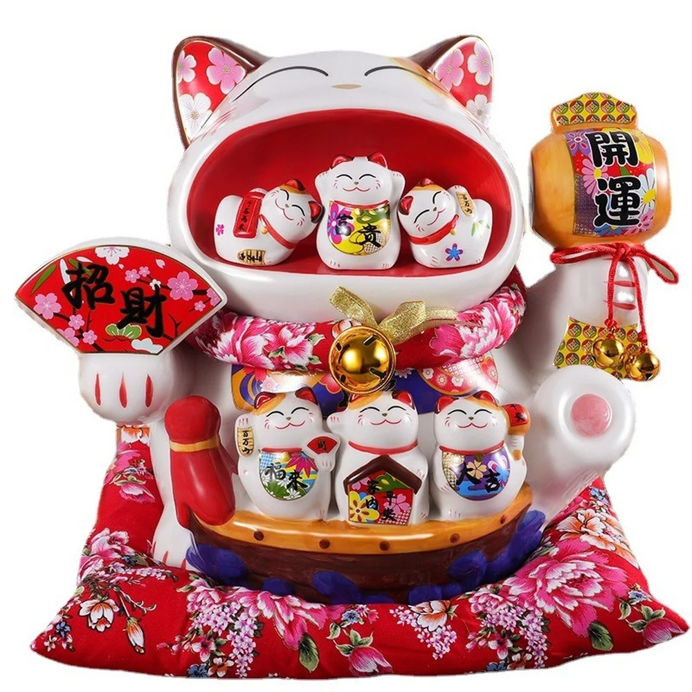 14Inch Ceramic Large Lucky Cat Japanese Maneki Neko Home Ornament Fortune Cat Money Box Piggy Bank Figurine Feng Shui Decoration