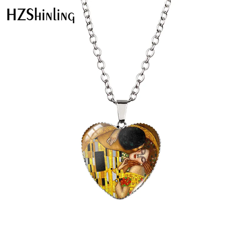 2021 New Gustav Klimt Kiss Pendant Necklace Golden Tears Glass Dome Photo Handmade Jewelry Heart Pendants Gift