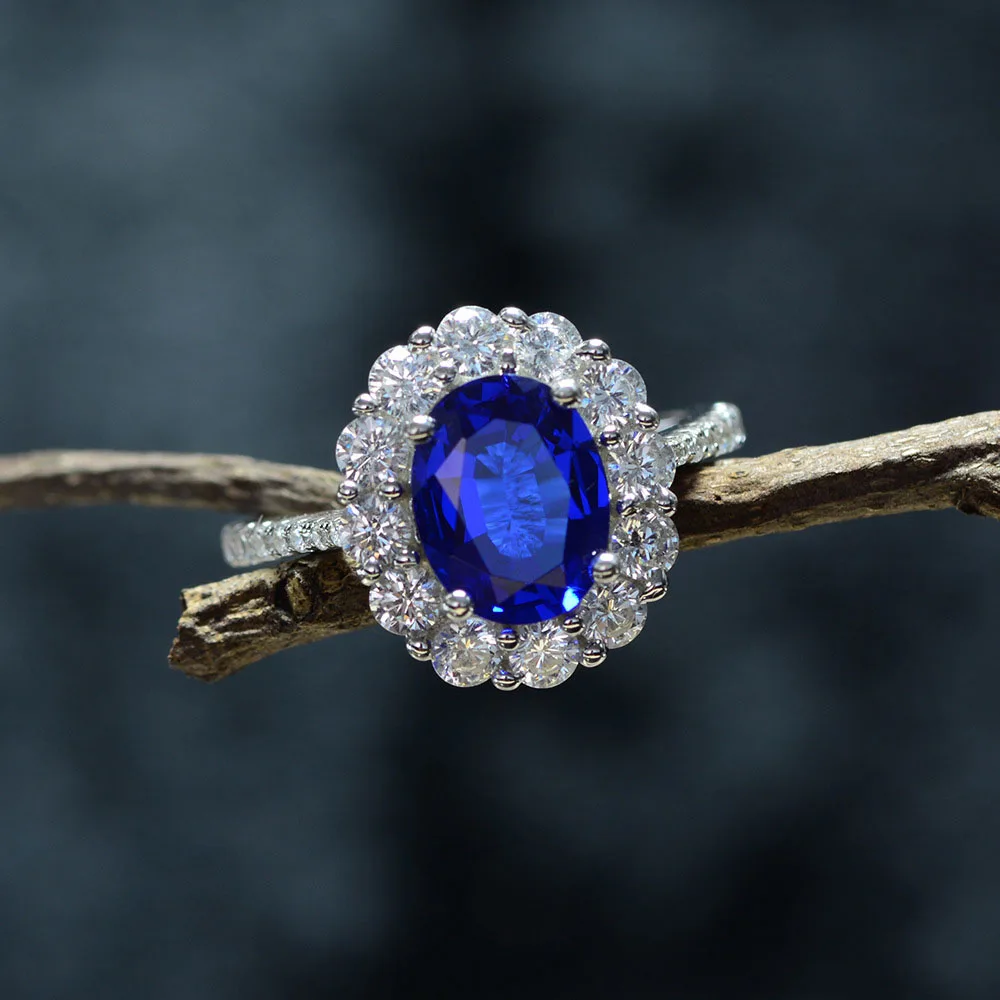 KNRIQUEN 100% Sterling Silver Created Moissanite Royal Blue Sapphire Gemstone Wedding Engagement Party Women\'s Ring Fine Jewelry