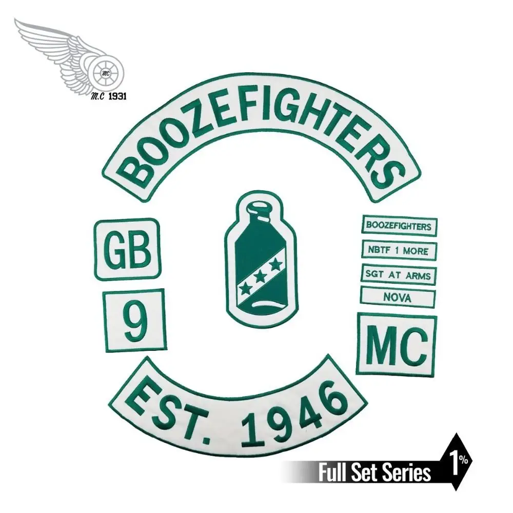 Boozefighters EST. 1946 Patch MC Nova Patch Embroidery Iron on White twill fabric Full Set Custom DIY