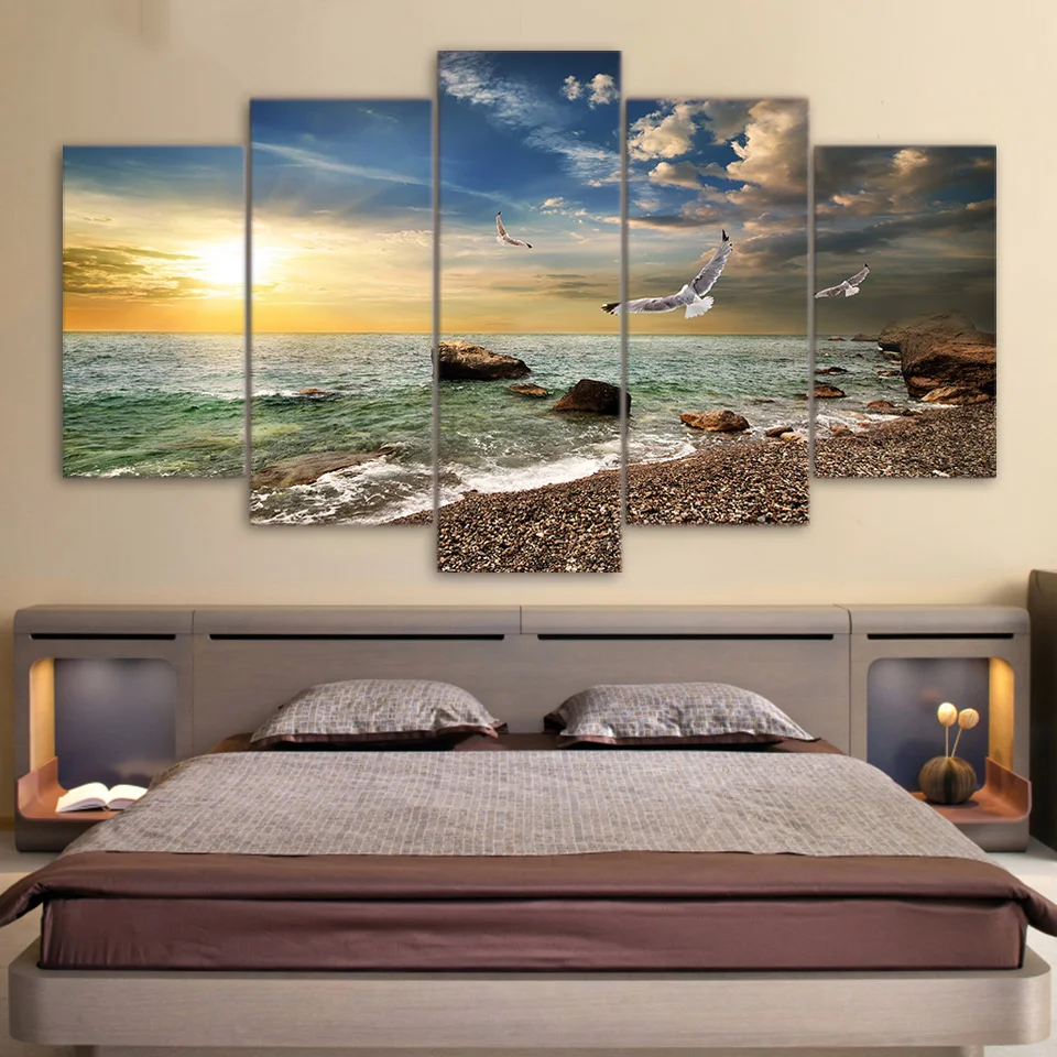 

Wall Art Canvas Painting Frame, Sunset Landscape, Seagull, Beach, Living Room Print Posters, Restaurant Decor, 5 Pieces