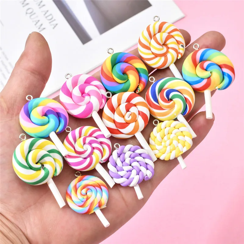 10pcs/pack Multi-color Soft Clay Simulation Lollipop Charms Pendant For Women Girls DIY Necklace Earrings Jewelry Accessories