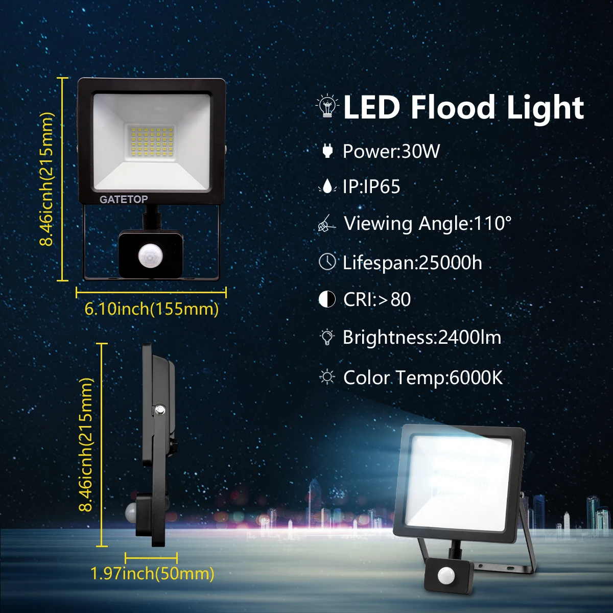 LED Floodlight 30W Motion Sensor Induction Style IP65 Cold White Light 6000K Human Body Induction Water Proof Lamp
