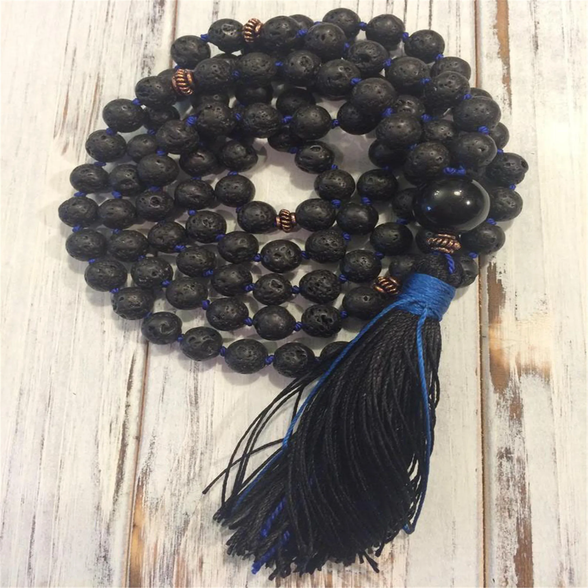 

8mm Natural Volcanic Lava 108 Beads Tassel Knotted Necklace Handcrafted Prayer Wrist Chakra Cuff Yoga Classic Healing Meditation