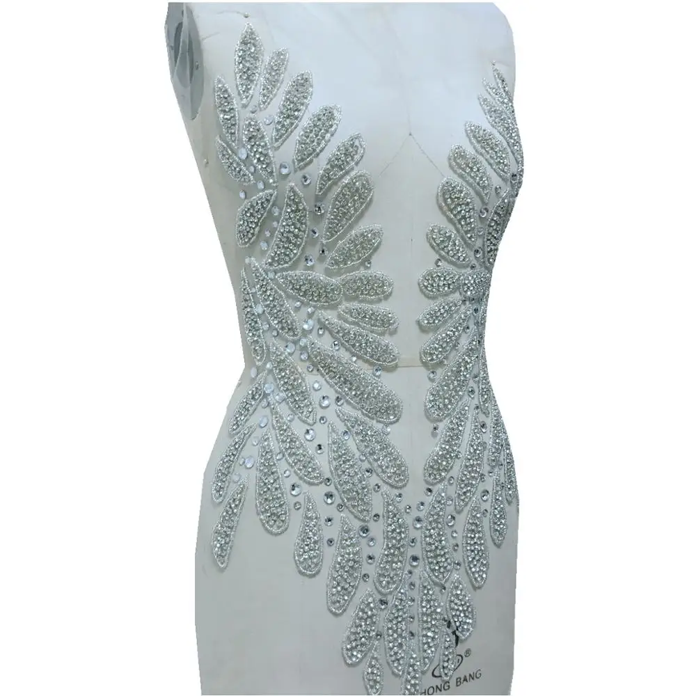 Handmade glass rhinestones applique on nude mesh  silver sew on crystal trim patches full body for dress