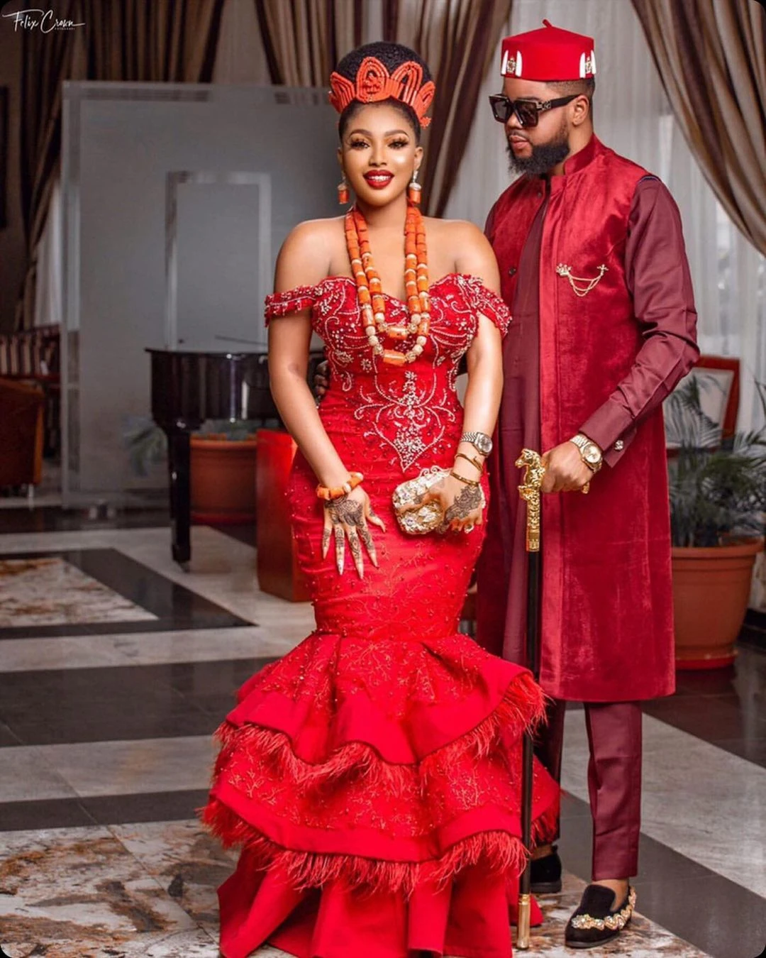 Aso Ebi – robe de soirée de forme sirène, luxueuse tenue de soirée de standing, grande taille, avec plumes rouges, mancherons, perles, 2022