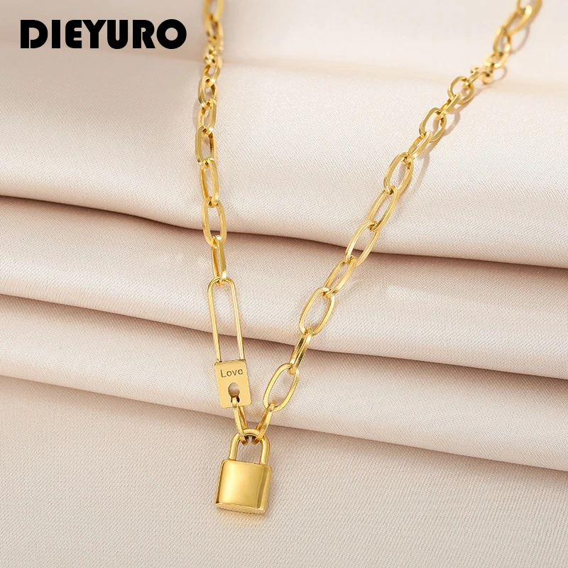 DIEYURO 316L Stainless Steel Letter Love Lock Pendant Thick Chain Necklace Female Fashion Retro Exaggerated Punk Style Party