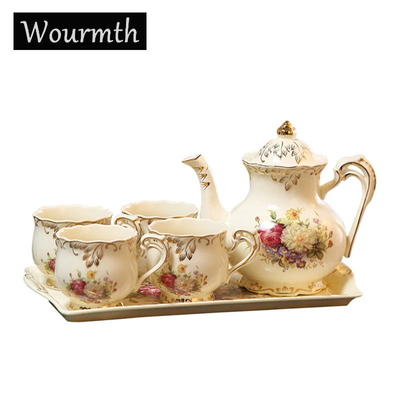 

Wourmth European Large Capacity Coffee Pot and Cups Set Ceramic Tray Hand-painted Phnom penh Teacup Coffeware Set Porcelain Gift