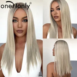 OneNonly-peluca larga y recta con malla frontal para mujer, cabello humano, color rubio blanco, Cosplay, fiesta diaria, alta densidad, resistente al calor