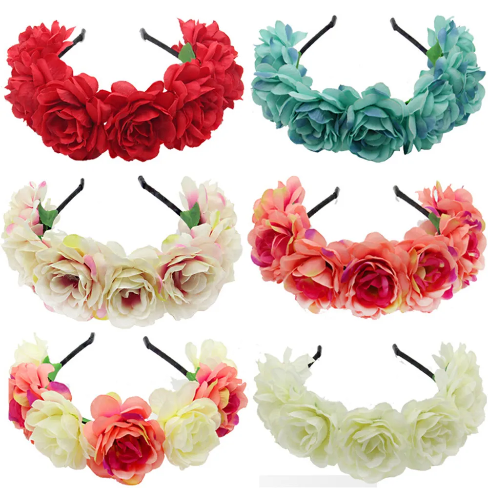 Diadema de flores de novia para mujer, corona de flores rosas de estilo mexicano, diadema elástica para el cabello, accesorios para el cabello