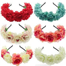 Coroa flor de rosa para mulheres, bandana de flores de noiva para senhoras, arco de cabelo elástico estilo mexicano, acessórios para cabelo, nova moda