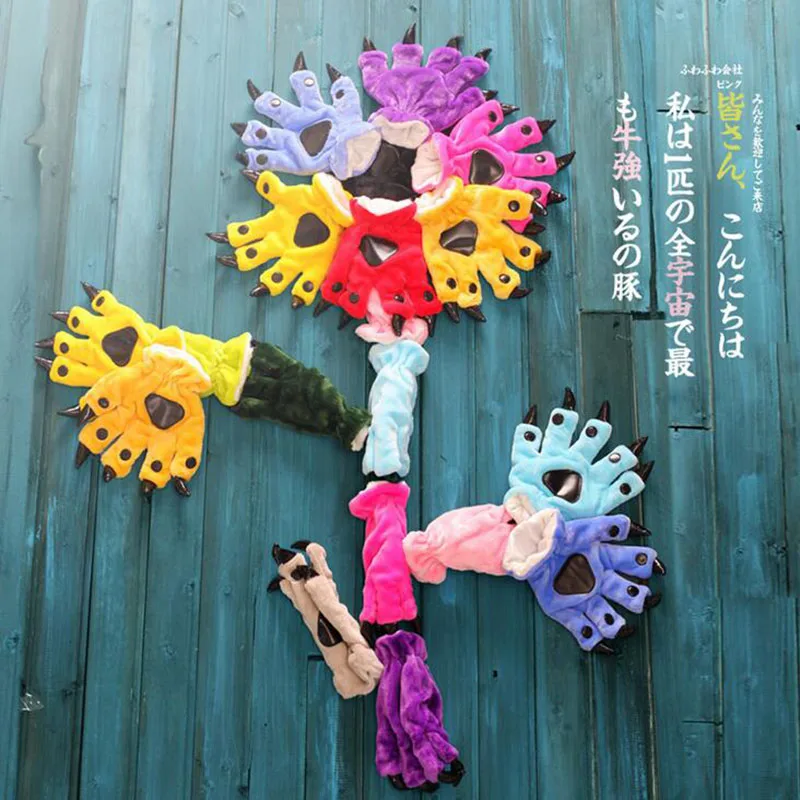 

HKSNG Lovely Cartoon Animal Bear Cat Claw Paw Footed Pajama Gloves Women Men Cosplay Soft Plush Mittens Halloween Costumes