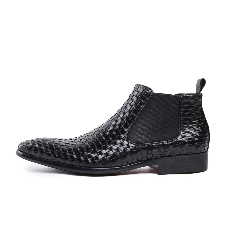 Sipriks Genuine Leather Black Woven Boots For Men Pointed Toe Chelsea Boots Work Boots Luxury Male Wedding Shoes