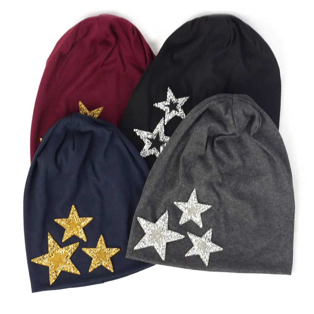 Geebro Women Slouchy Fashion Beanies Rhinestones Shining Star Soft Cotton Solid Color Womens Girls Hat Bonnet Femme Cap