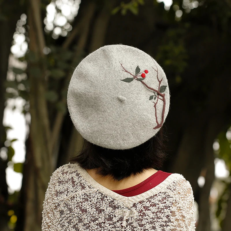 faramita holiday 2021 forest Berry branches women painter hats vintage 3D berets 100% wool handmade beret kids child hat caps