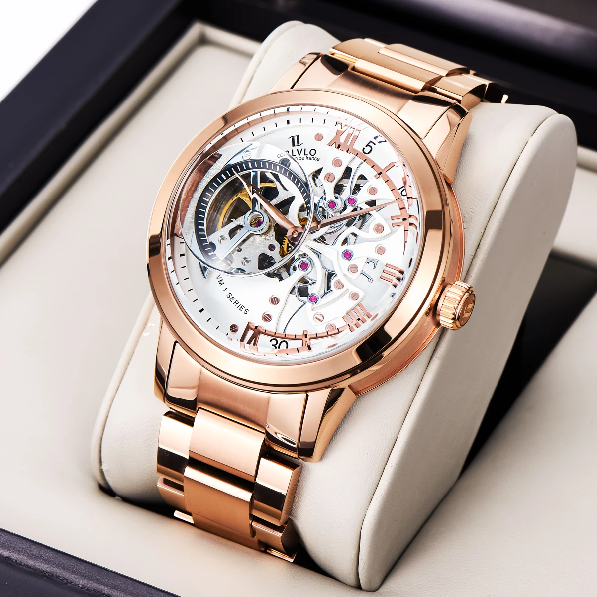 OBLVLO New Design Skeleton Watches Rose Gold Automatic Watches With Sapphire Crystal Relogio Masculino VM