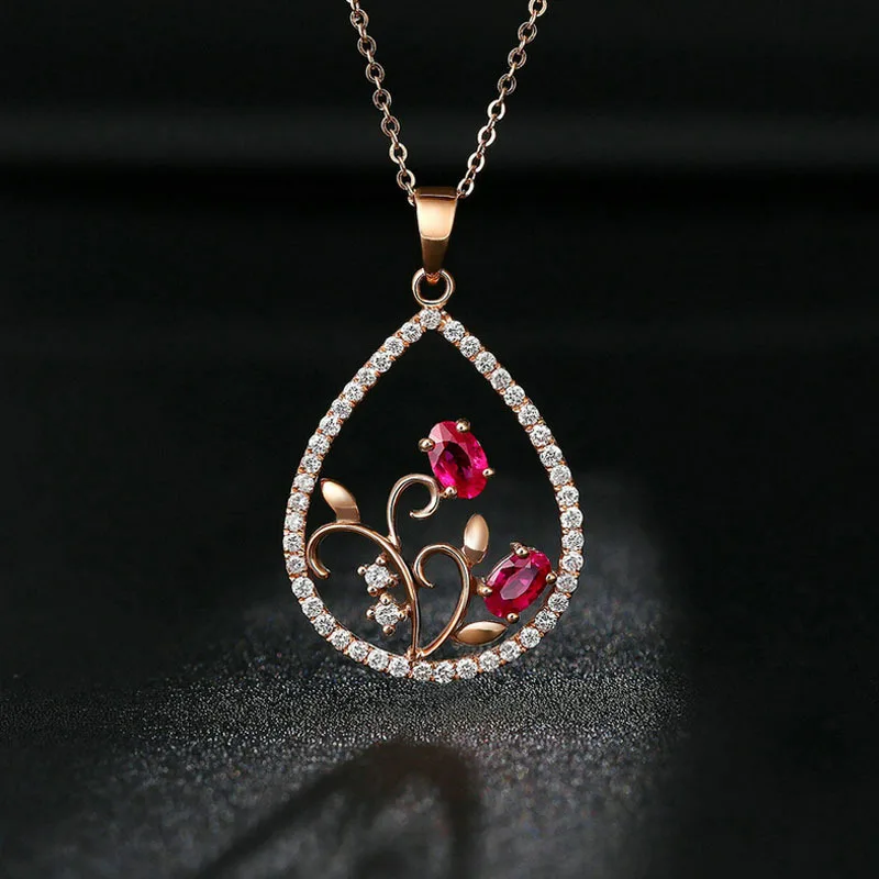 Foydjew Vintage Hollowed Water Drop Simulated Ruby Pendant Necklaces Rose Golden Necklace For Women Exquisite Wedding Jewelry