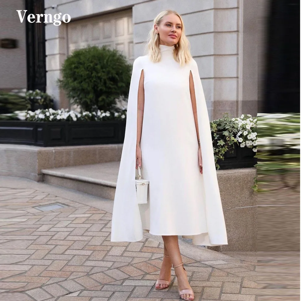 Verngo Simple White Straight Women Formal Evening Dresses High Neck With Long Cape Sleeves Tea Length Gown Women Elegant Outfit