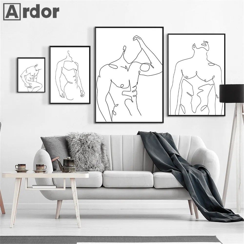 Abstract Men Body Canvas Poster Male Line Drawing Print Painting Nude Figures Wall Art Posters Minimalist Picture Bedroom Decor