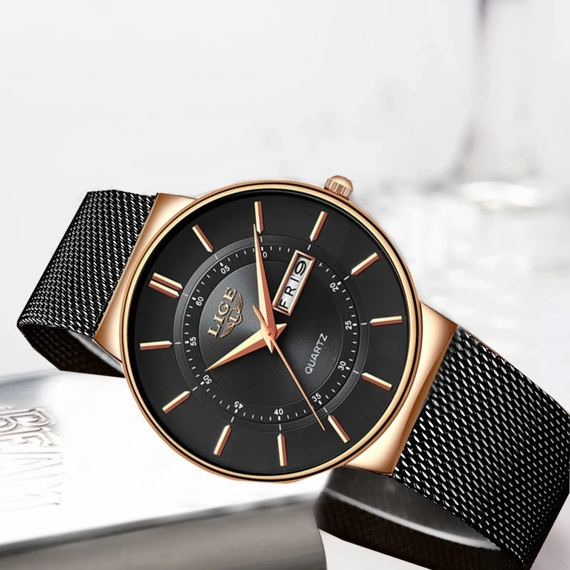 LIGE Women Watches Luxury Brand Ultra-thin Calendar Week Quartz Watch Ladies Mesh Stainless Steel Waterproof Gift Reloj Muje+Box